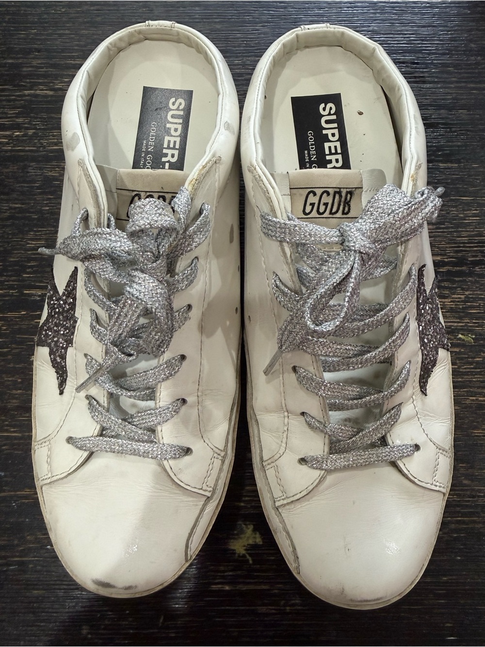Golden Goose White Leather Sneakers with Silver Glitter Star